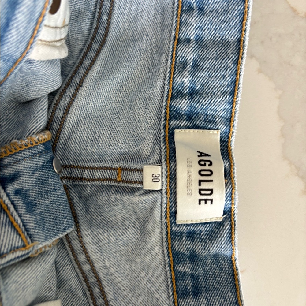 Agolde Light Blue Frayed Jean Shorts - Picture 2 of 5